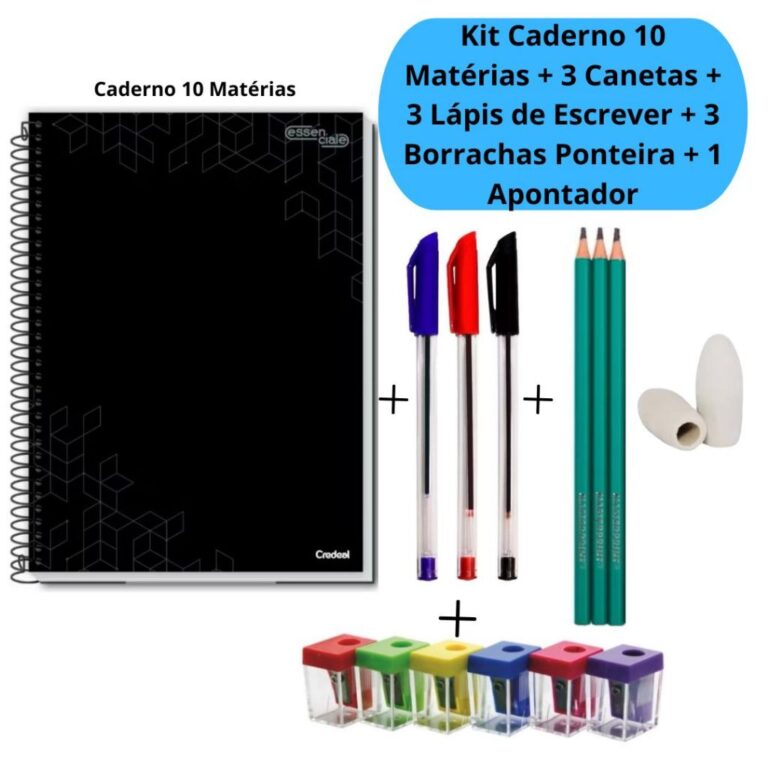 Kit Caderno 10 Matérias + 3 Canetas Simple + 3 L�