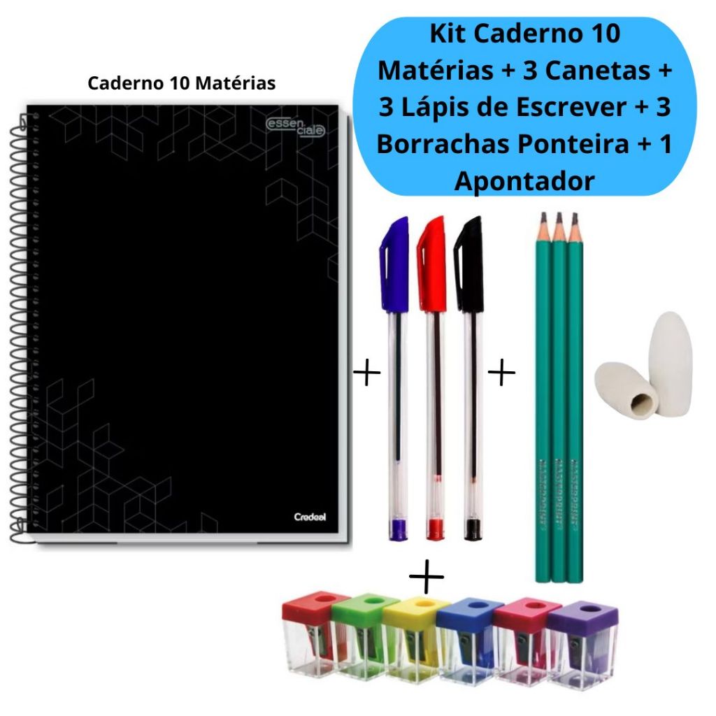 Kit Caderno 10 Matérias + 3 Canetas Simple + 3 Lápis de Escrever + 3 Borrachas Ponteira + 1 Apontado