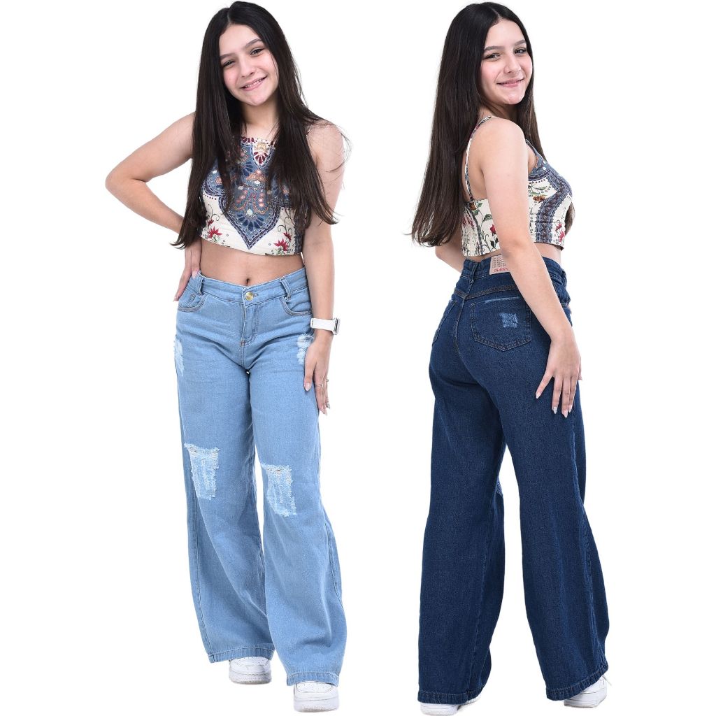 Calça wide leg jeasn feminino bolso pantalona denim infantil juvenil streetwear