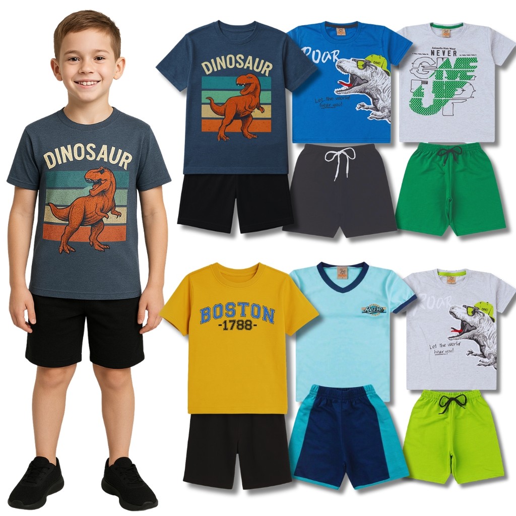 Kits Roupas Infantil Menino Camisetas + Bermudas – Conjuntos Masculino Verao Calor do 1 ao 16