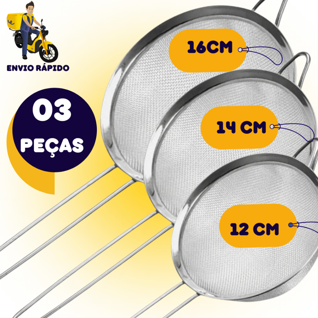 Jogo 3 Peneiras Coador  Aço Inox  10cm/12cm e 16 cm Sucos  Leites  Vitaminas Restaurantes  Favor se