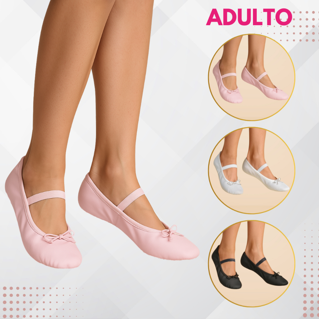 Sapatilha Para Ballet Couro Sintético Meia Ponta Adulto – Cores Rosa Preto Branco