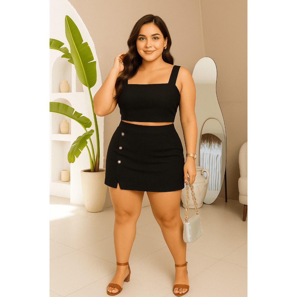 Conjunto Plus Size Cropped e Short Saia com Botões (G GG G1 G2 G3) | Tecido Premium Liverpool