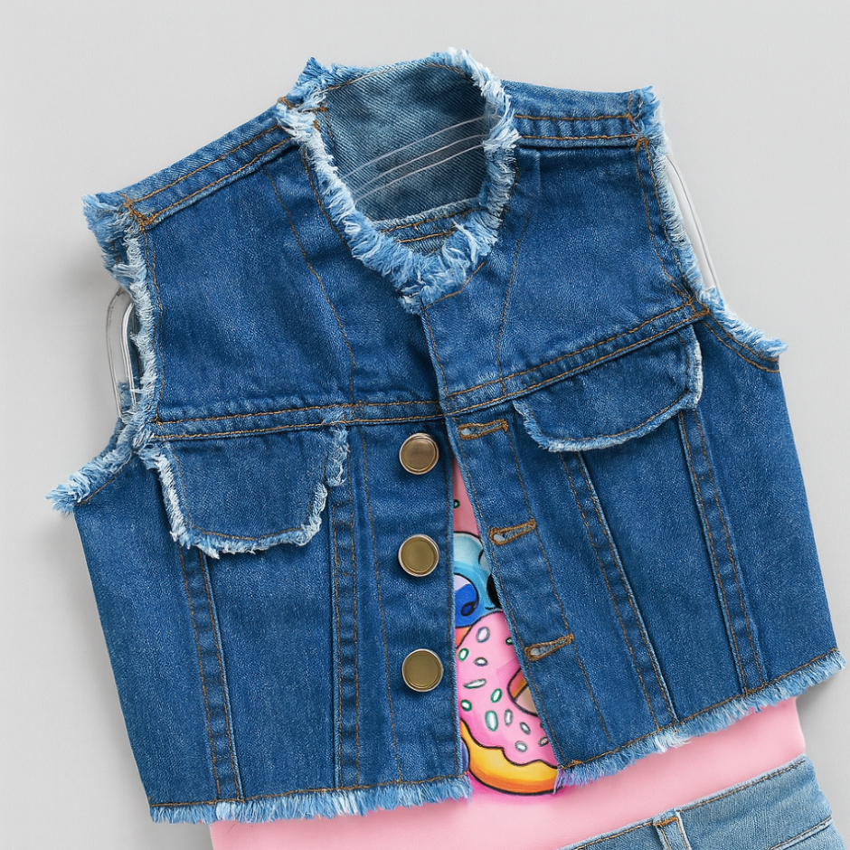 Colete Jeans Menina  Desfiado com Botões Dourados | Jeans Claro e Escuro