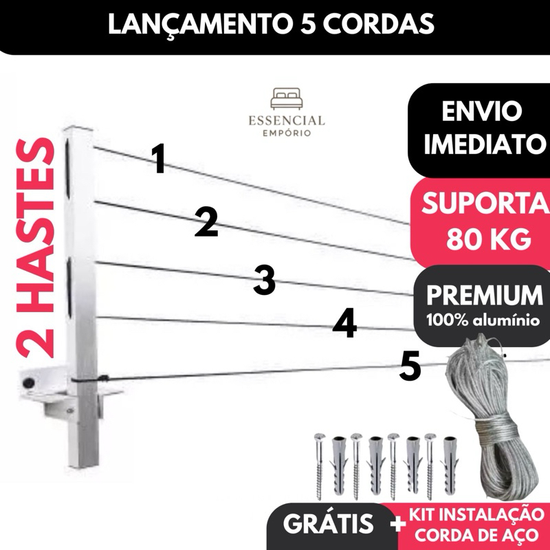 Varal Alumínio Reforçado Retrátil De Parede Para Roupas Suporta Até 80kg