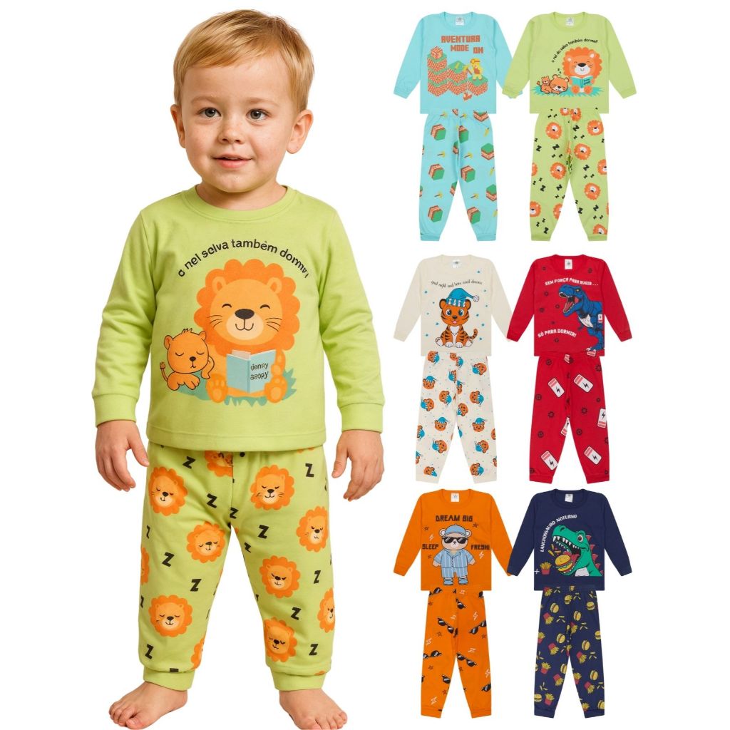 Kit Sortido 2, 6 ou 10 Peças Pijama Manga Longa Bebê Menino Comprido Infantil Masculino De Algodão p