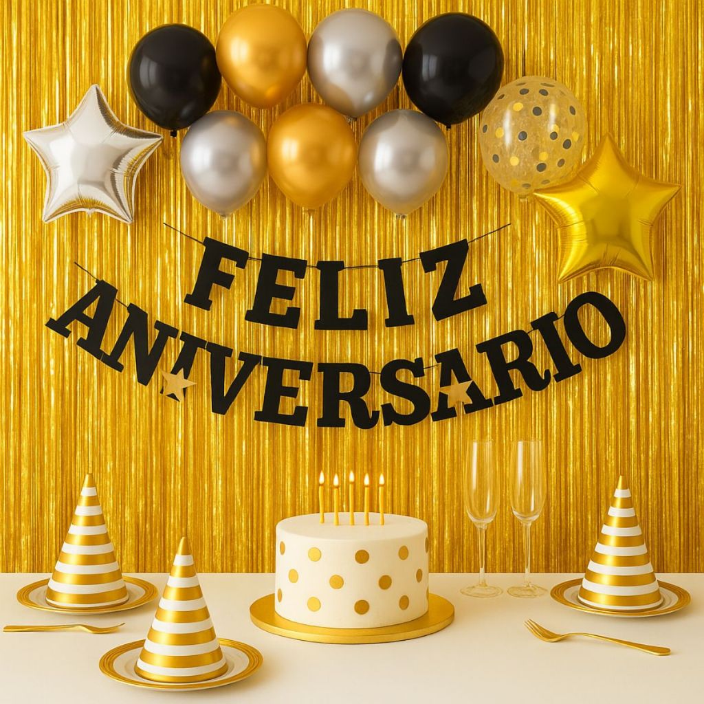 Faixa Decorativa Feliz Aniversário com Balões Bexigas Metalizadas Dourado Preto Prata para Festa