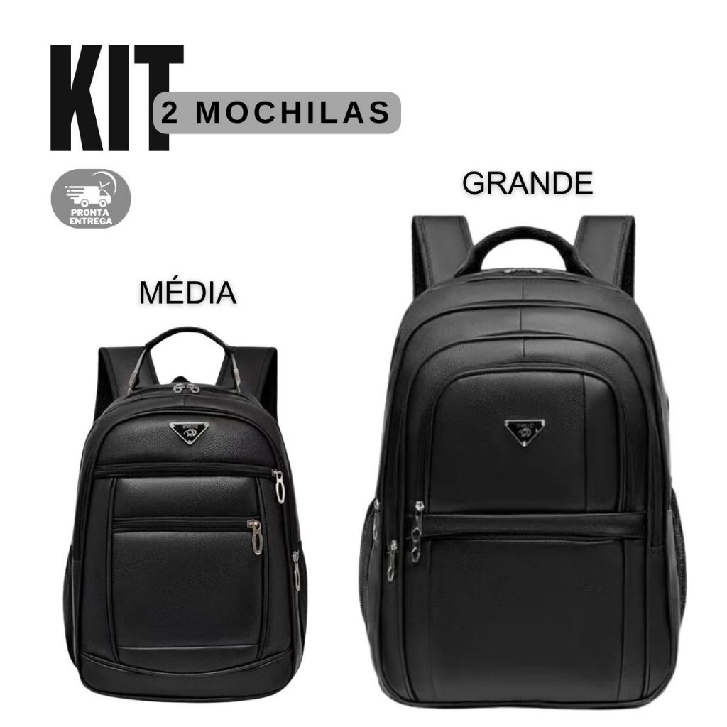 Kit 2 Mochilas de Couro Média e Grande Feminina Masculina Resistente Executiva