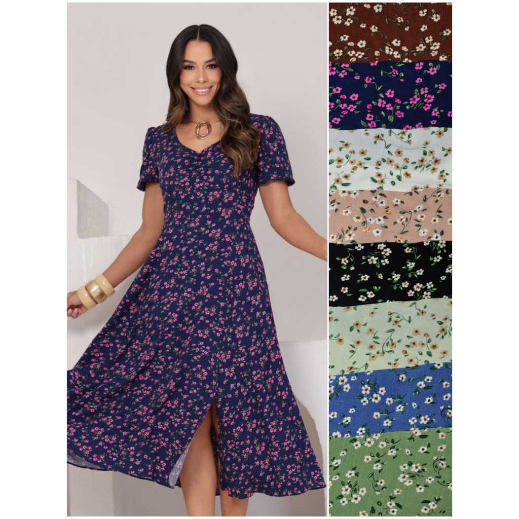 Vestido Feminino Midi Manga Princesa Estampado Flor moda Evangélica-Visculinho