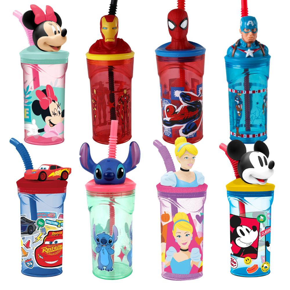 Copo Infantil Disney 3D 360ml Carros, Aranha, Mickey, Minnie, Hulk, Ferro, America, Princesa, Stitch