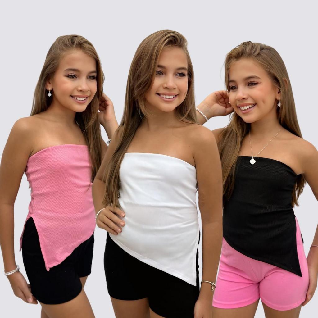 Cropped Menina Infantil Canelado Tomara Que Caia Sem Alça Moda Kids Fashion