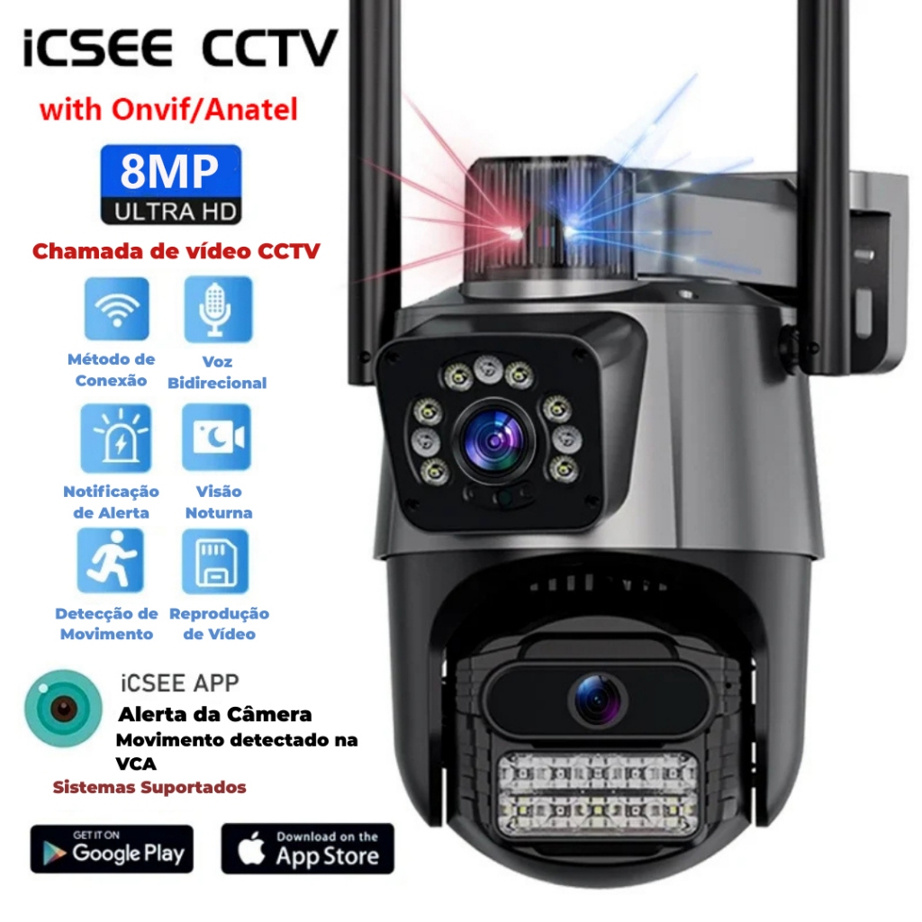 JL PROTEC 4K 8MP Câmera de Segurança 2 Lentes Com Audio e Microfone Câmera 355 Graus Wifi