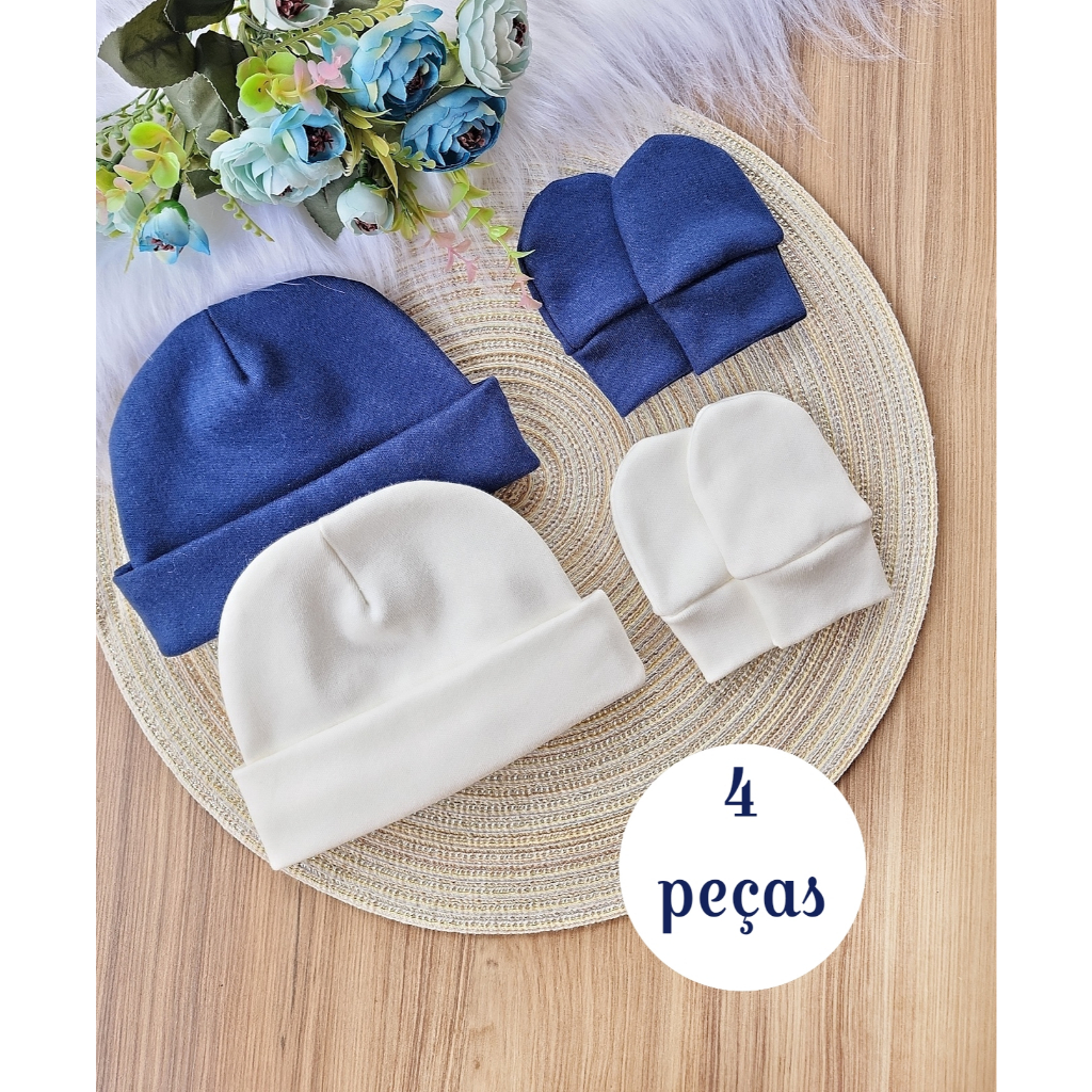 Kit 2 Touca e 2  Luva Para Bebê Recém Nascido 100% Algodão Antialérgico Maternidade