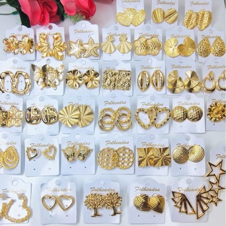 Brincos Feminino Folheado Bijuteria Dourado 40 Par