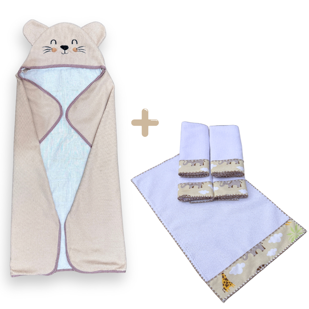 Toalha de Banho com Capuz Forrado com Orelhinhas + 5 Toalhinhas de Ombro Higiênico Atoalhado Safari