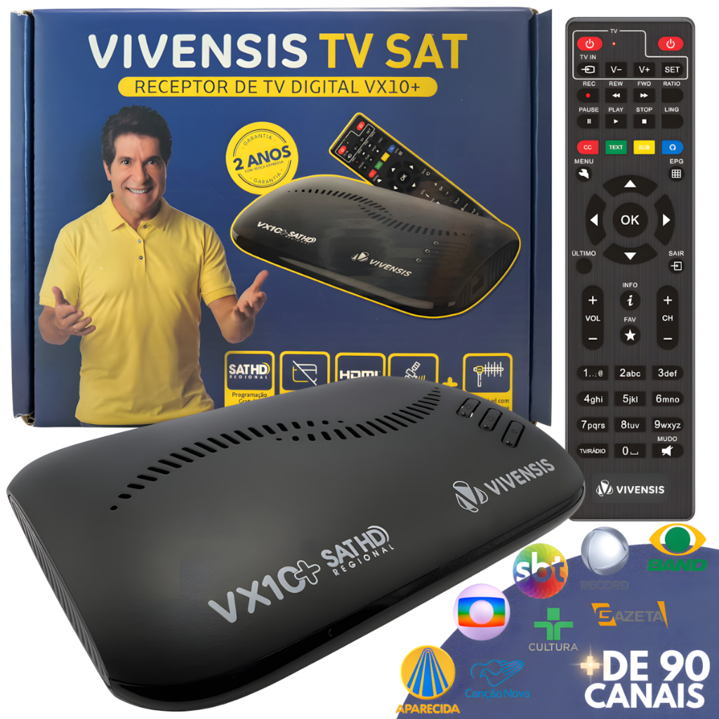 Receptor Vivensis VX10 + Plus, Sathdregional, Nova Parabólica, UHF, Rádio, 2 Anos de Garantia