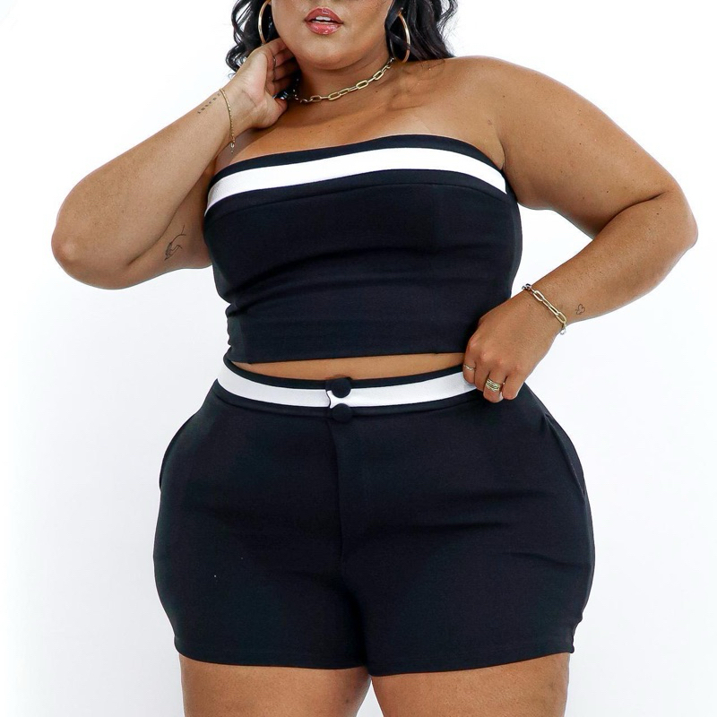 Conjunto Plus Size Short Cintura alta com botão + Top tomara que Caia Conjunto Virgínia