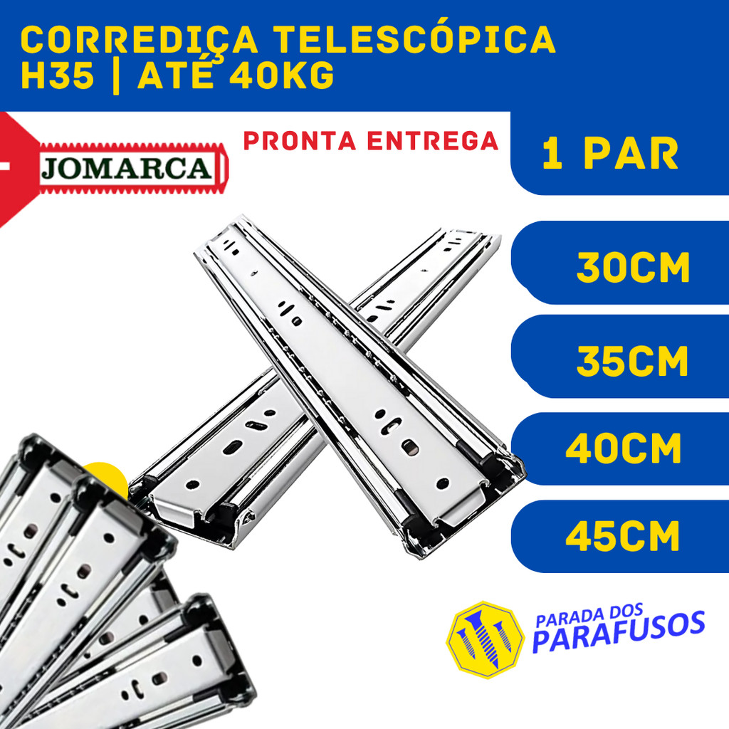 Par Corrediça Telescópica Jomarca  40kg 30 a 45cm light h35 Corrediças gaveta gavetas