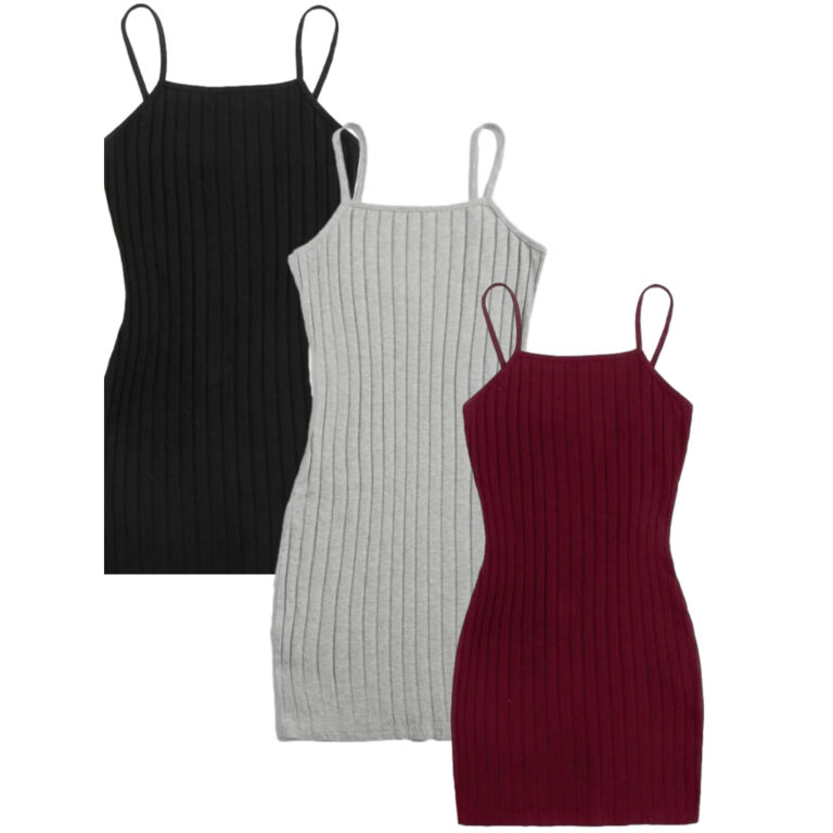 Kit C/3 Vestido Alcinha Midi Canelado  Preto/Bord