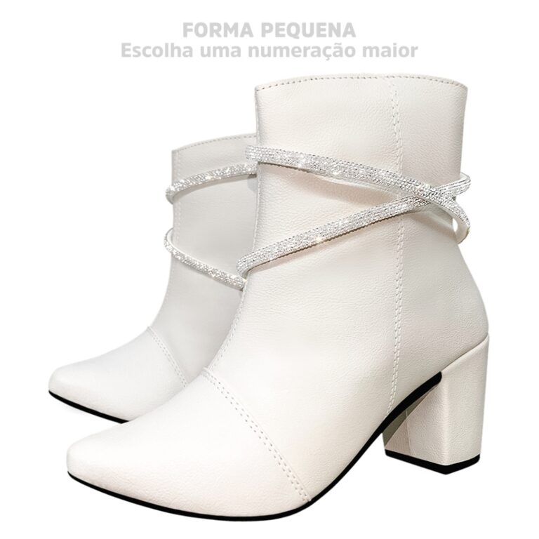 Bota Feminino Bico Fino Com Tiras De Strass Salto 