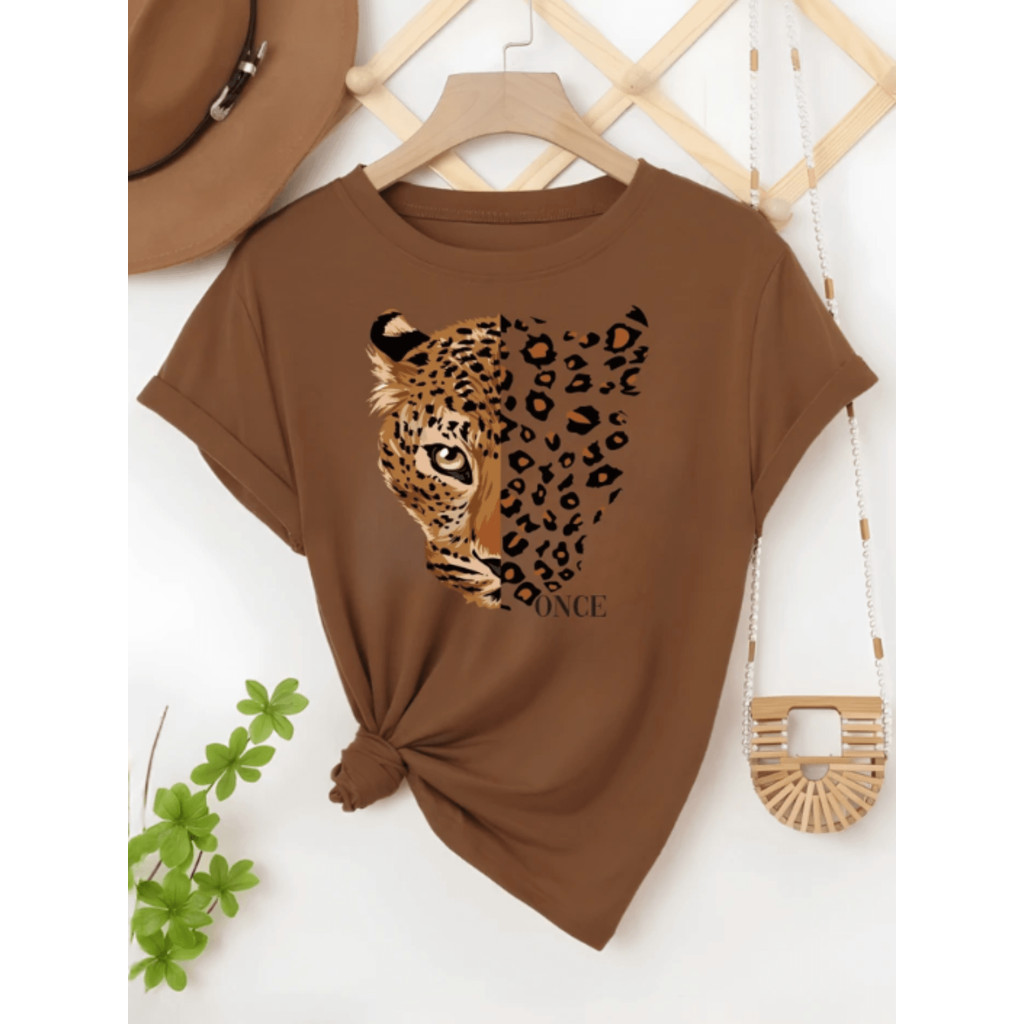 Camiseta Feminina Blusinha 100% Algodão Com Estampa Onça Once Animal Print Fashion