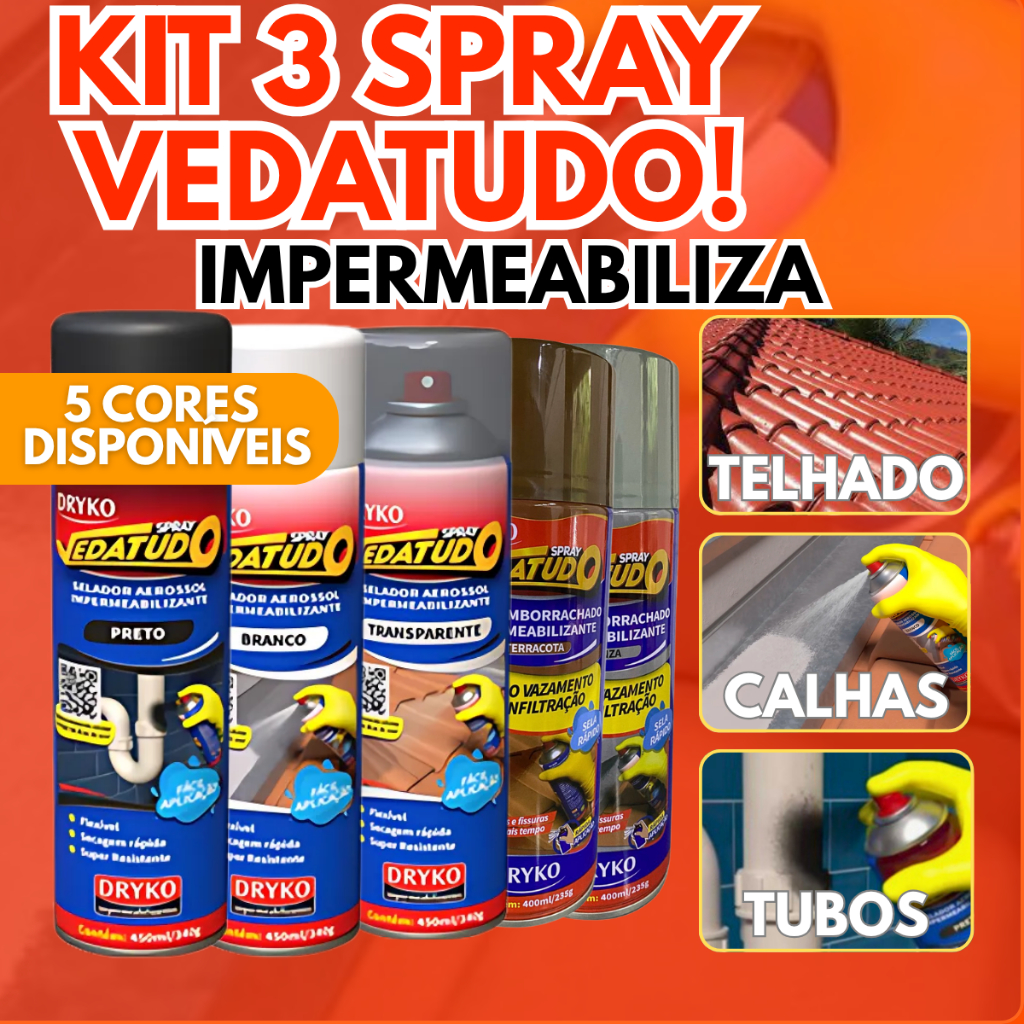 Vedatudo Spray Impermeabilizante Borracha Liquida 400ml 100ml Dryko Reparos Vazamentos Preto Branco