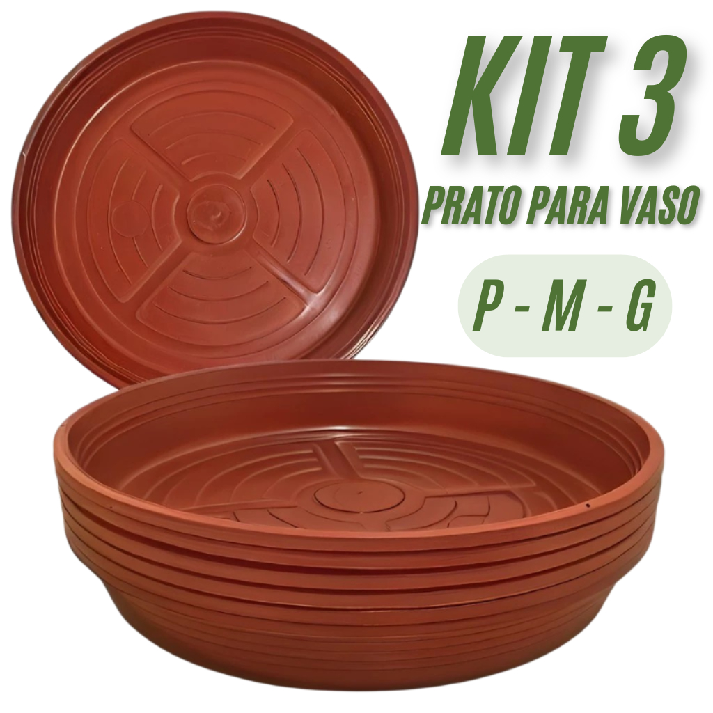 Kit 3 Prato Vaso De Planta Coletor Água Plástico Marrom Com Furos Suspenso – PequenoMédioGrande