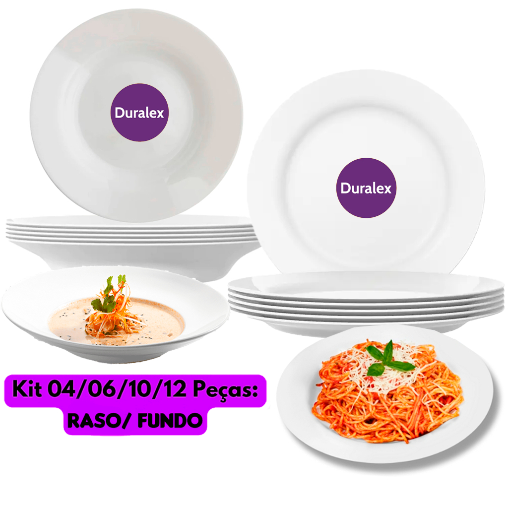 Jogo Kit 12/06/04UN Pratos Raso e Fundo Branco Vidro Duralex Menu Temperado Opaline Almoço Gourmet