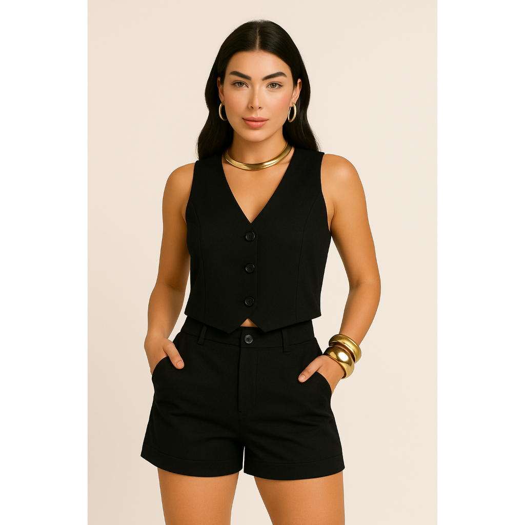 Conjunto Social Alfaiataria Feminino Colete e Short Moda Elegante Minimalista