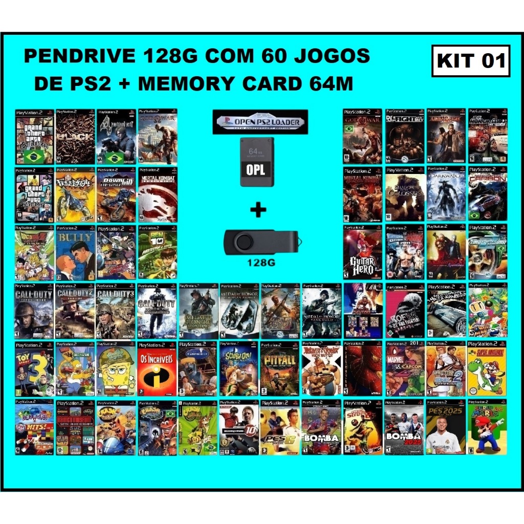 Pendrive com jogos de ps2 + Memory card 64M com OPL – LEIA A DESCRIÇÃO