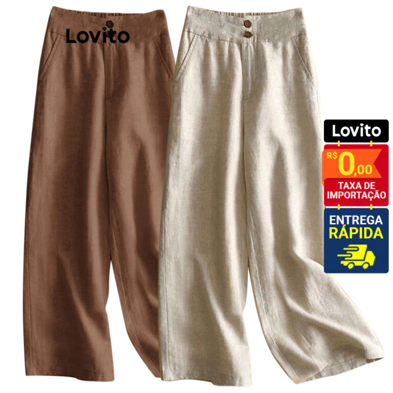 Lovito Calça Feminina Linho Casual com Botões LN