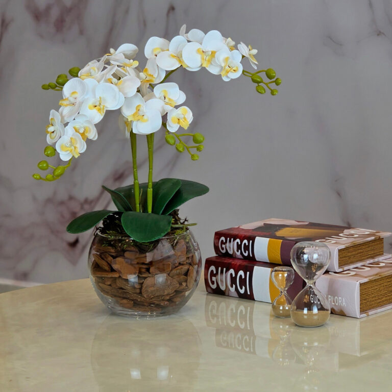ARRANJO ORQUIDEA ARTIFICIAL 3D 4 HASTES  VASO VIDR