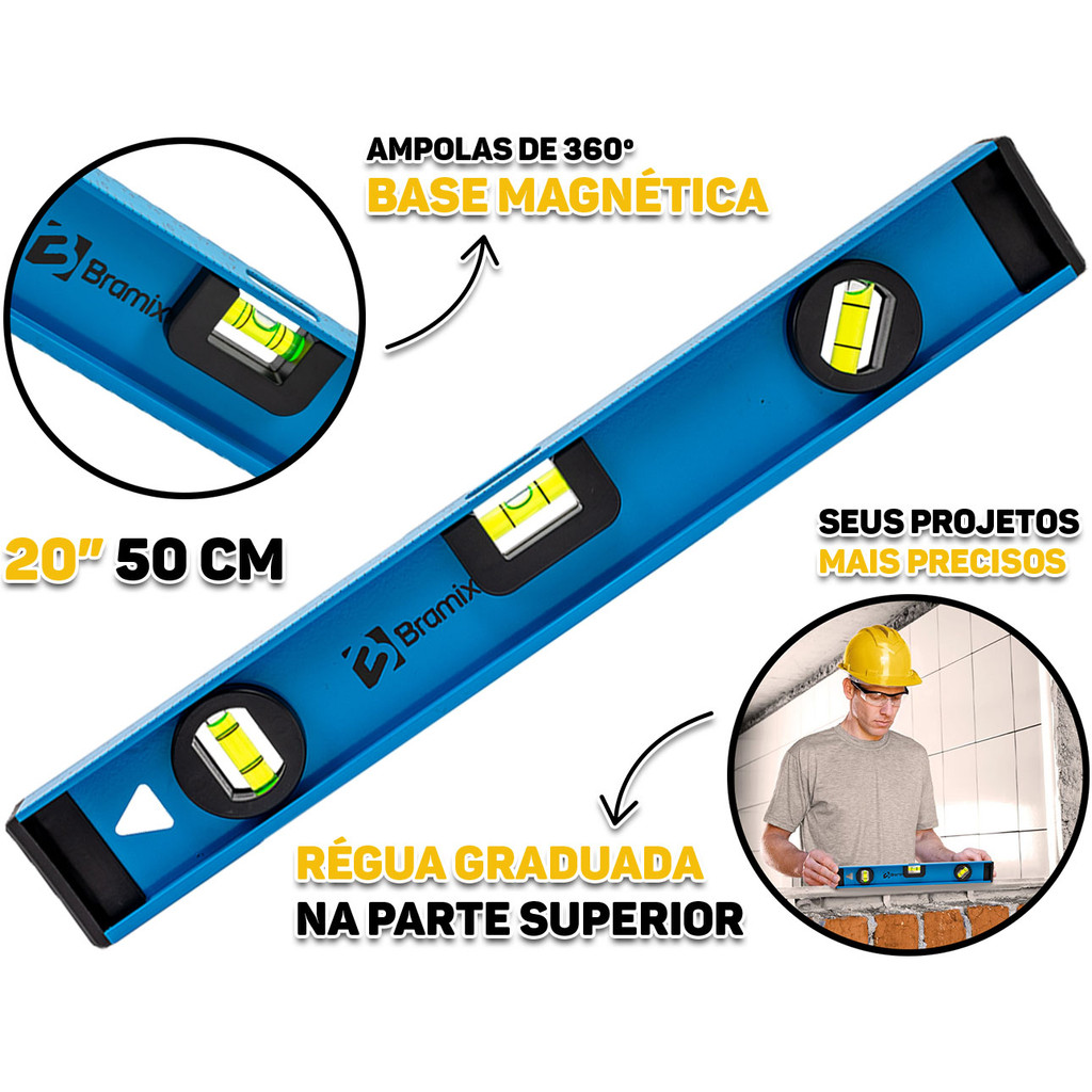 Nível De Alumínio 50cm Reforçado Com Base Magnética Três Bolhas Profissional 20 Polegadas Bramix
