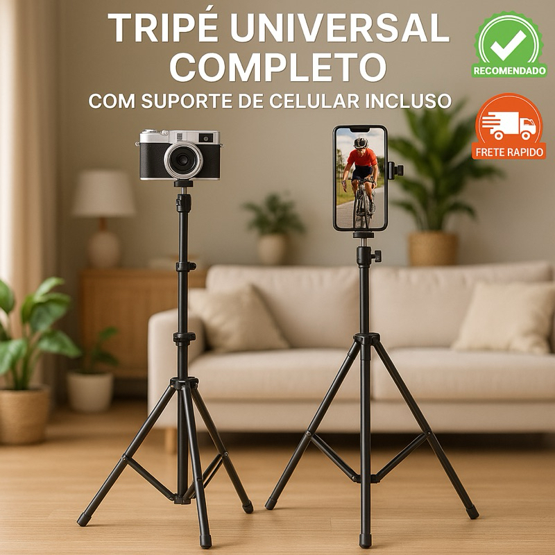 Tripé universal com suporte para celular – comp. Câmera Ring Light Iluminação Profissional 210cm