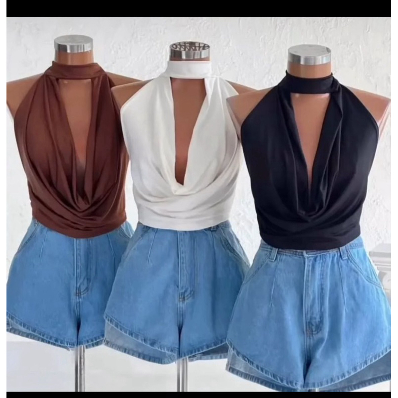 Blusinha croped Gola alta Com decote sem bojo tecido suplex