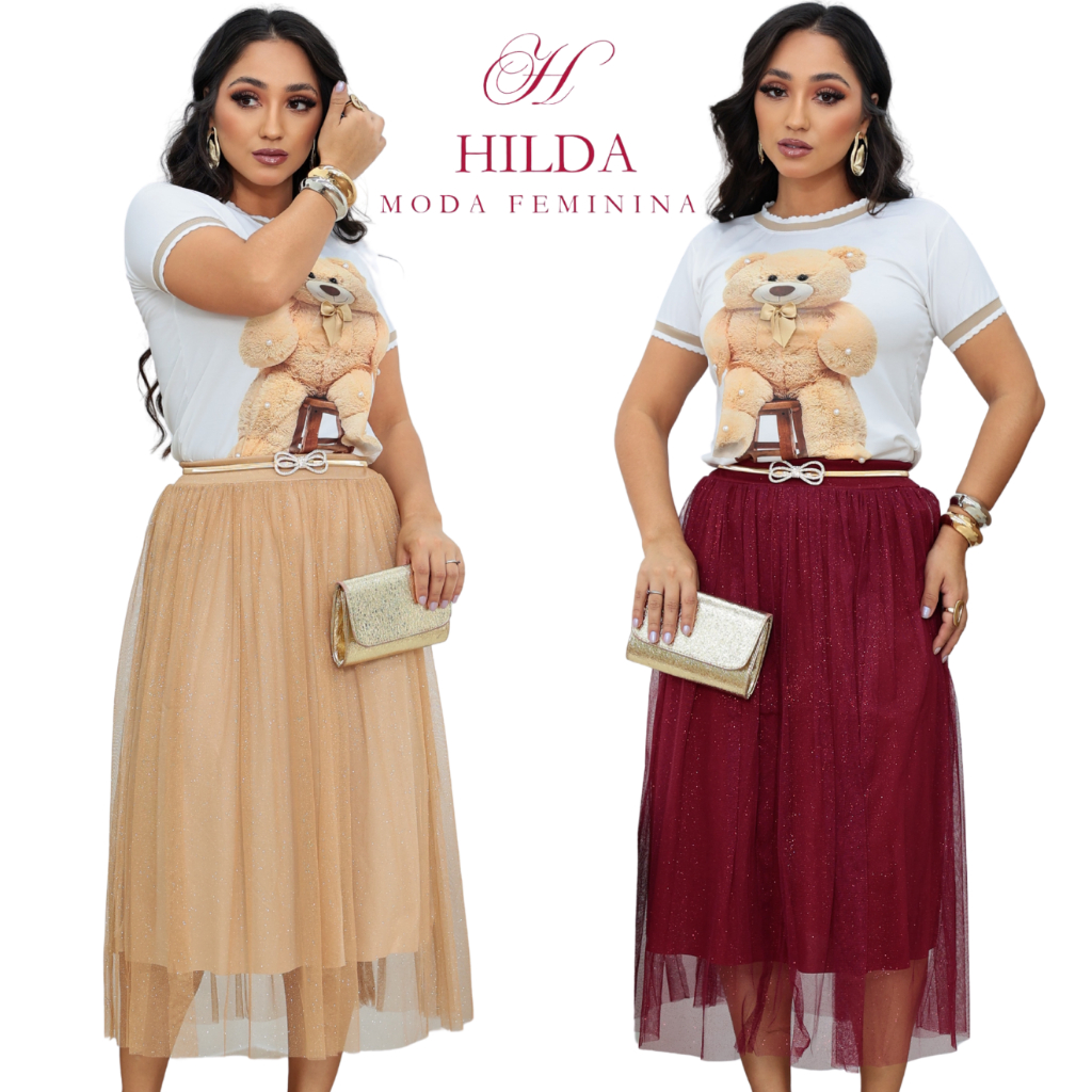 Saia Tule Cristal Midi de Brilho Glitter forrada Lisa Moda evangélica Fardamento Festividade Congres