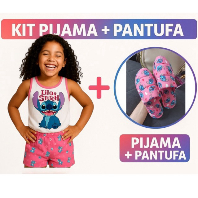 kit pijama regata infantil+pantufa verao personage