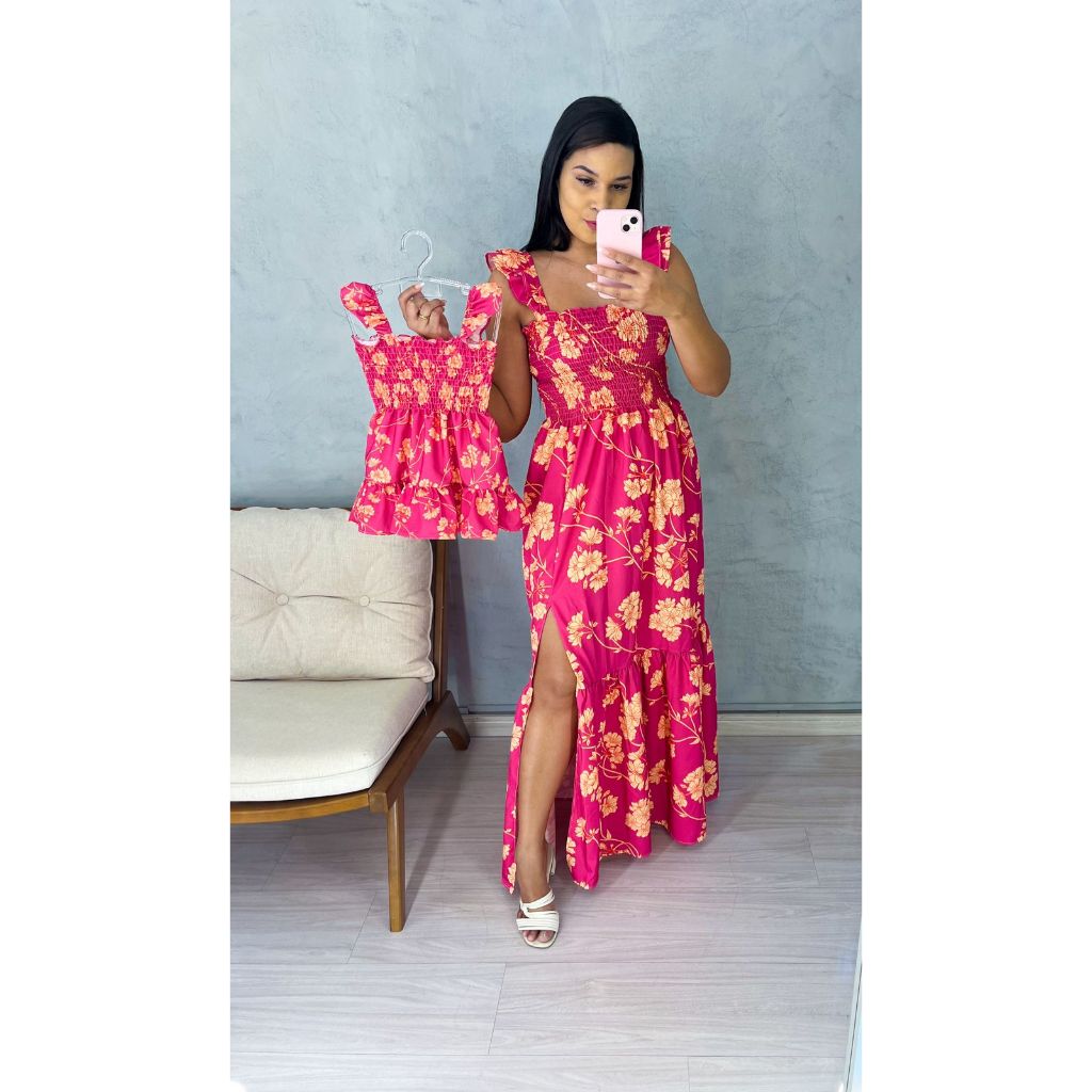 Vestido tal mãe tal filha kit  longo adulto e infantil estampado delicado