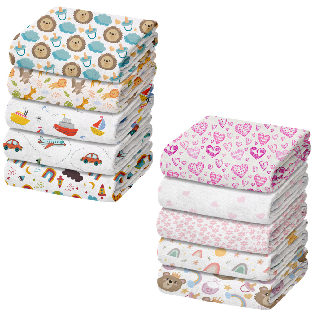 Pacote 5 Fraldas de Pano Luxo Marca Minasrey Estampada para Bebês e Recém-Nascidos Grande 70cm x 70c