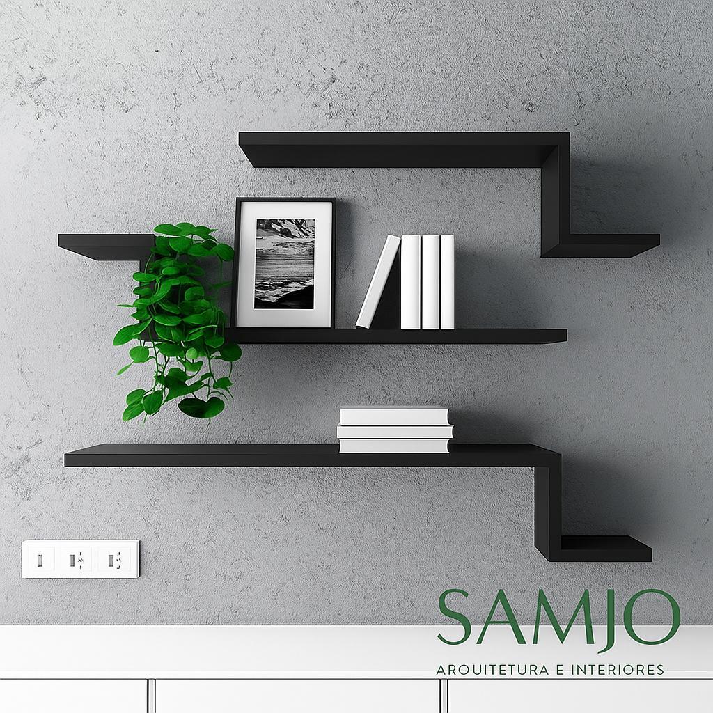 Kit com 3 Prateleiras Z de Parede  MDF Preto | Ideal para Quarto, Sala e Banheiro