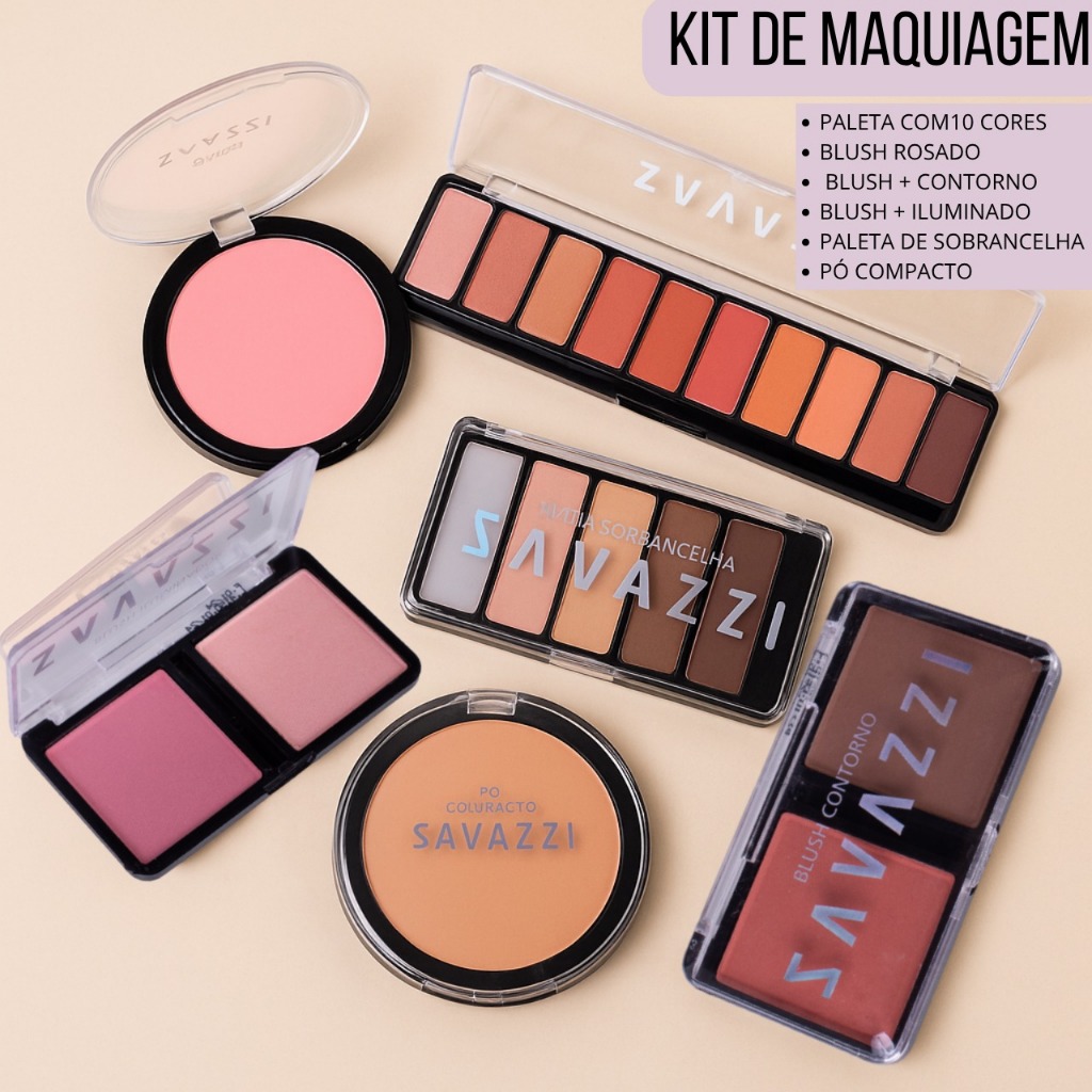 Kit Completo De Maquiagem Com 6 unidades Paleta Sombra, Blush, Iluminador, Pó Compacto, Contorno, Pa