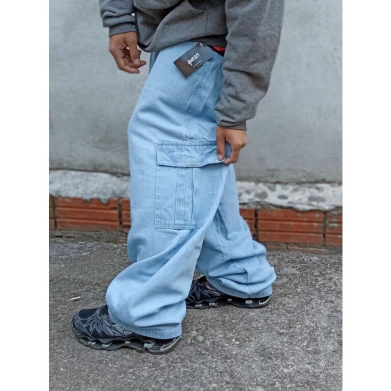 Calça Cargo Masculina Jeans Skatista Modelo Larga