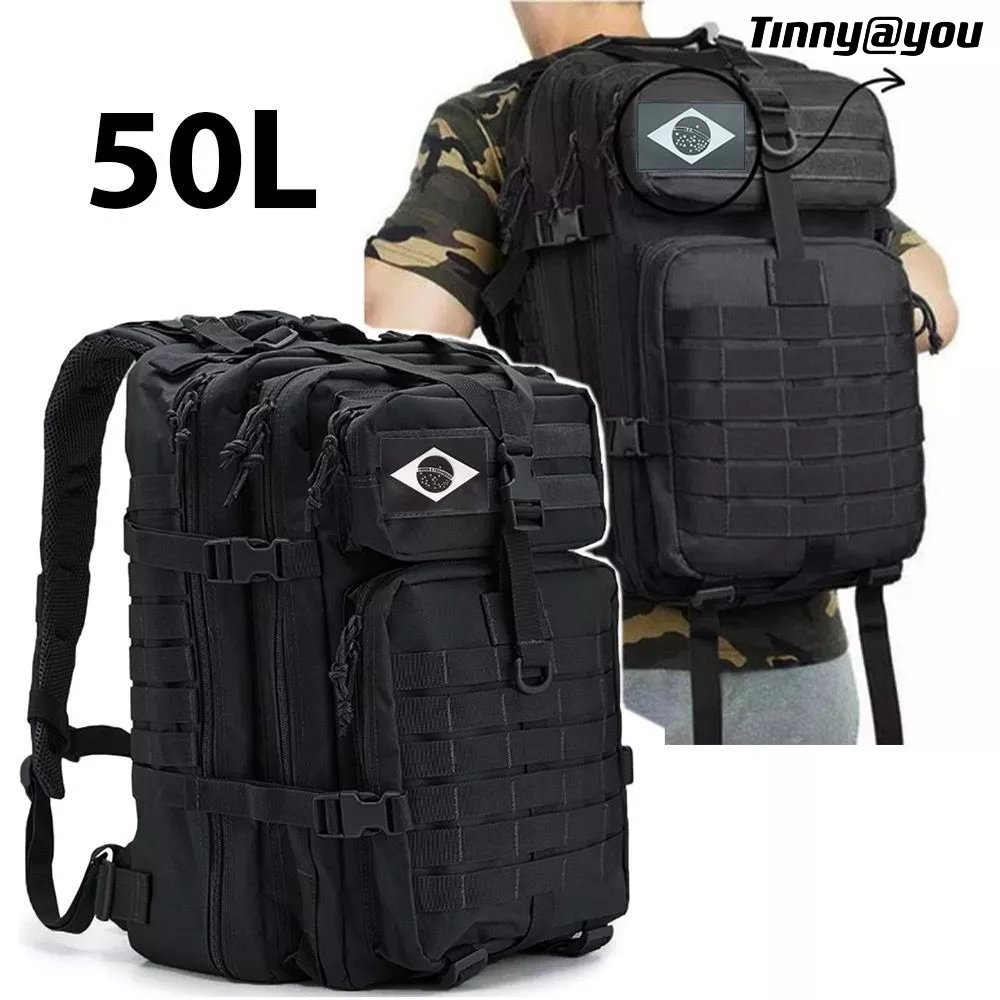 Mochila Tática Militar 50L Impermeável Reforçada   MOLLE  Patch Bandeira BR