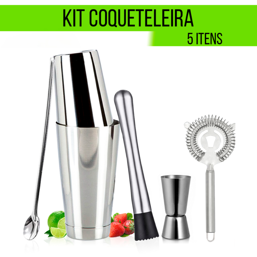 Coqueteleira Tipo Boston Premium 5 Itens Dosador Colher Socador Coador Strainer Inox Bartender