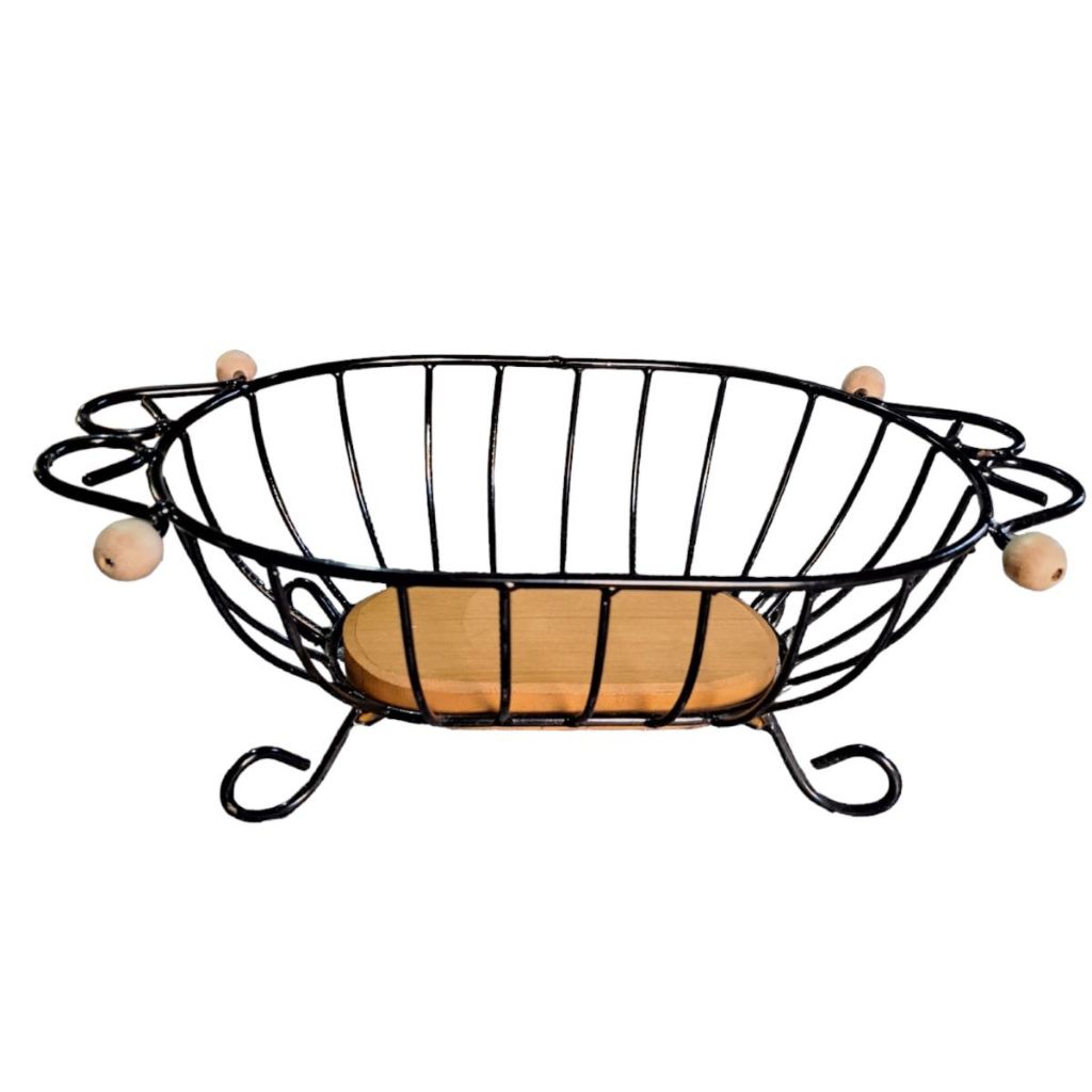 Fruteira Oval Rústica De Bancada Em Ferro e Madeira