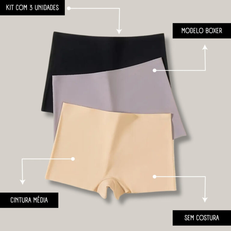 Kit 3 Calcinha Boxer Feminina Sem Costura Cueca Fe
