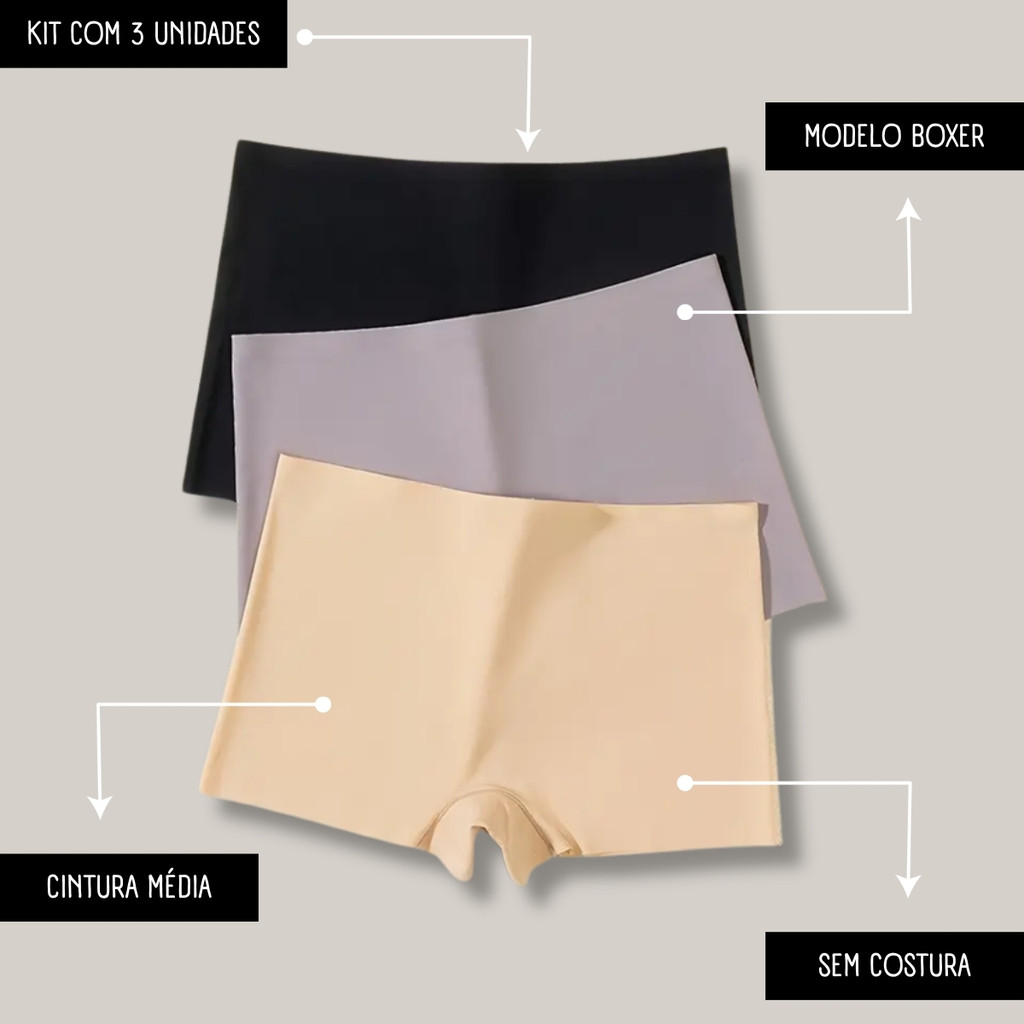 Kit 3 Calcinha Boxer Feminina Sem Costura Cueca Feminina