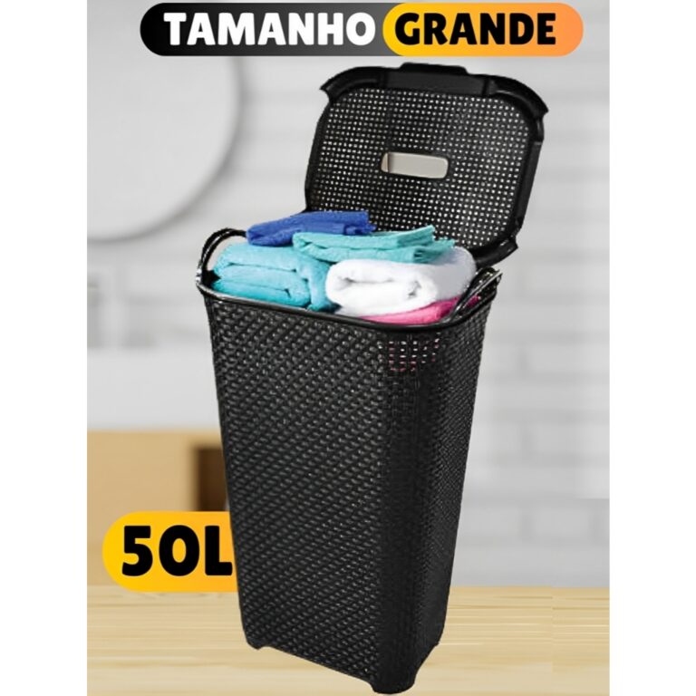 Cesto de Roupa Rattan Grande C/ Tampa Basculada Pr