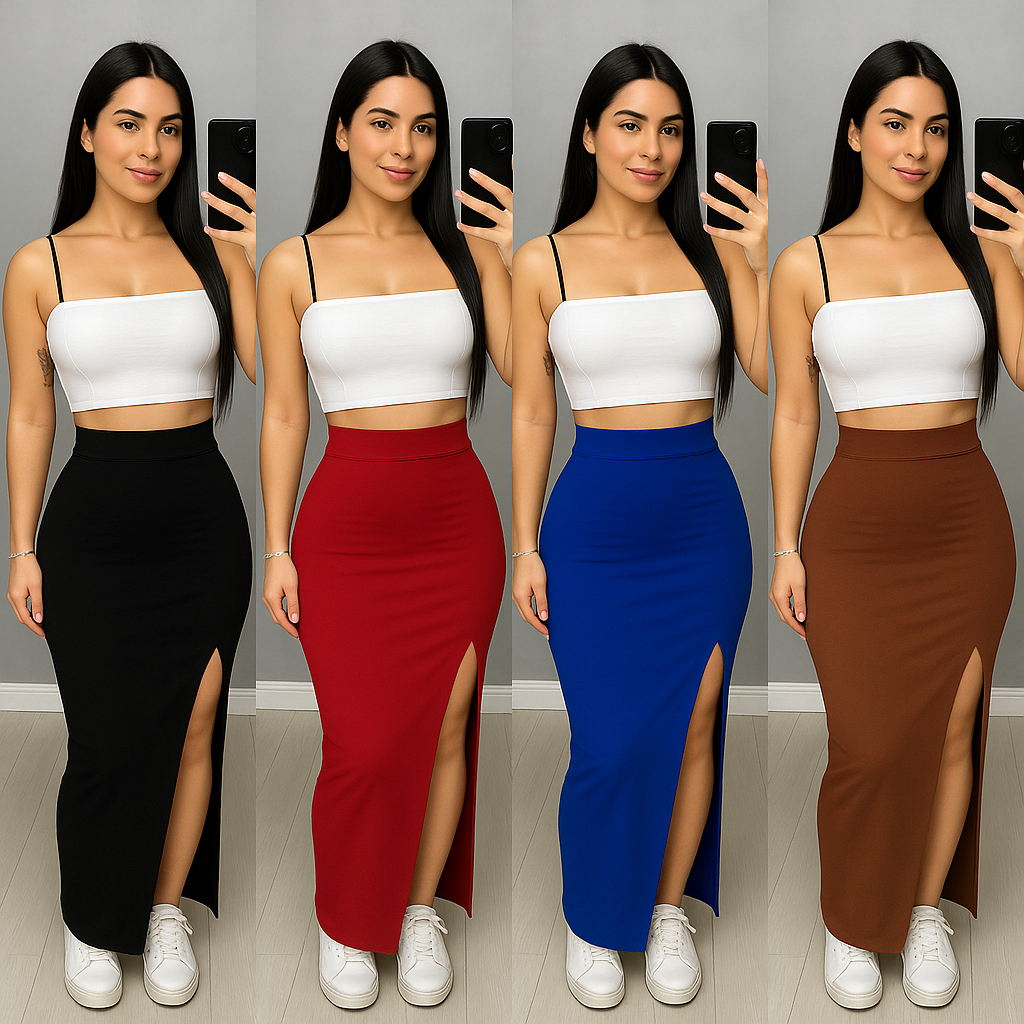 Saia Cintura Alta Feminina Longa com Fenda Estilo Midi para o Verão, Elegante, Leve, Moda Feminina