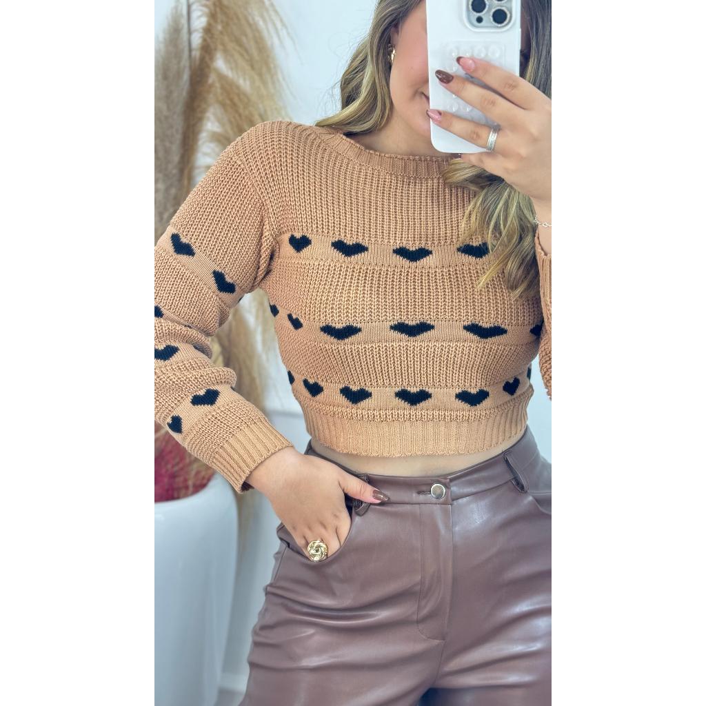 Blusa Cropped de Frio Feminina Estilosa Tricot Corações Roupa Feminina Elegante de Inverno